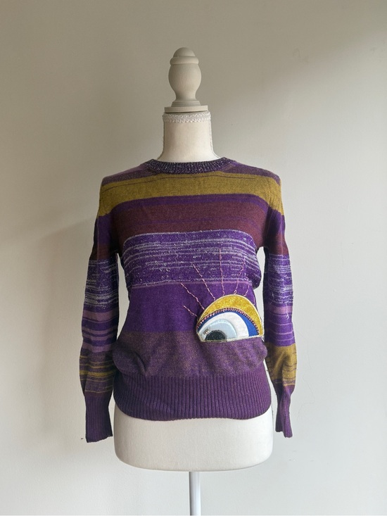 Marc Jacobs Sweaters - Marc Jacobs Purple and Olive Striped Crewneck Sweater with Sunburst Applique